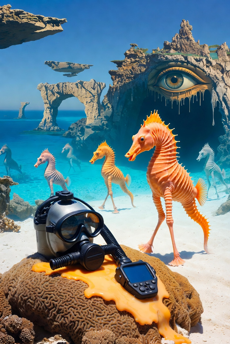 A surrealist Salvador Dalí style underwater scene at Palancar Reef in Cozumel, featuring a melting dive computer over brain coral and long-legged sea horses walking on white sand, representing the dreamlike experience of diving with Blue Mayan Divers.