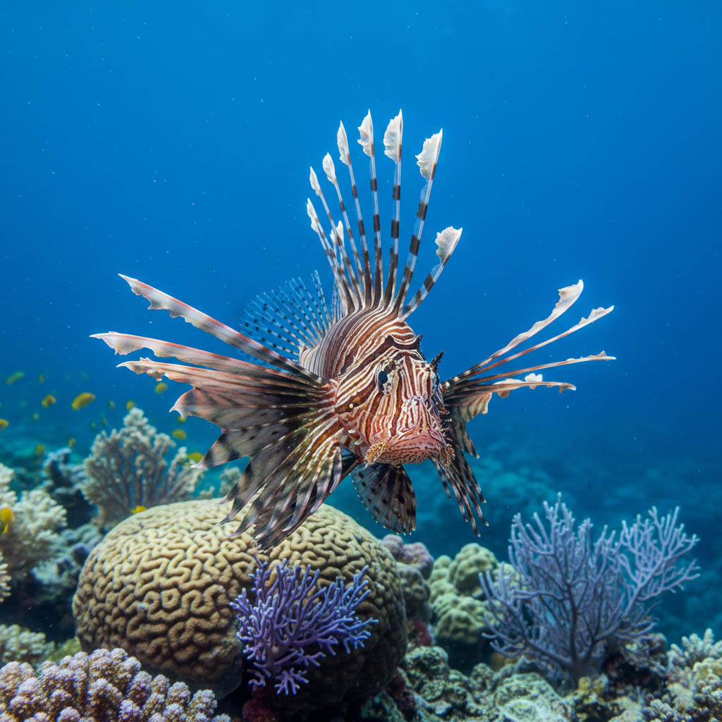 Close-up of an invasive lionfish with extended venomous spines swimming over a brain coral colony in the clear blue waters of Cozumel.