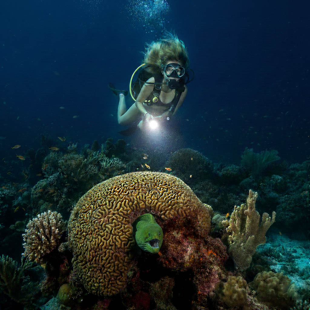 A large Green Moray Eel swimming across the reef during a Blue Mayan Divers night dive in Cozumel, illuminated by a diver's torch.