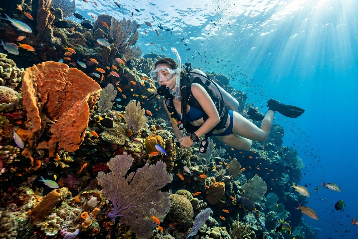 Female scuba diver in a blue bikini and clear mask exploring a vibrant coral wall in Cozumel, featuring orange elephant ear sponges, purple sea fans, and schools of tropical fish under bright sunlight rays.