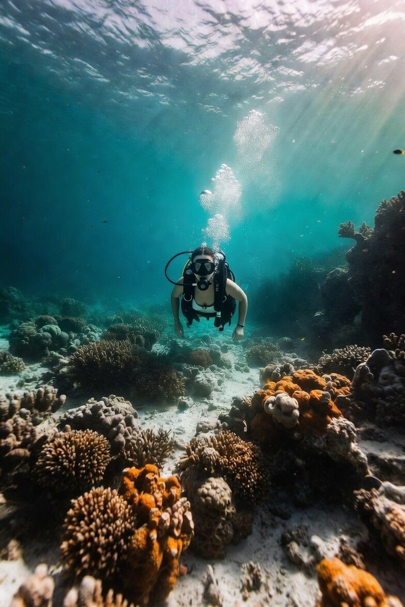 Scuba diver exploring a healthy coral reef in Cozumel Marine Park