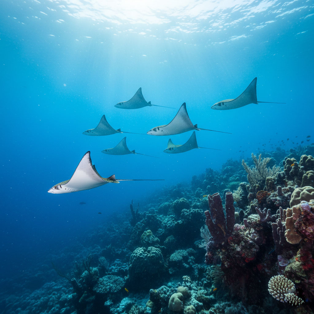 A school of spotted eagle rays swimming along the reef wall in Cozumel, Mexico