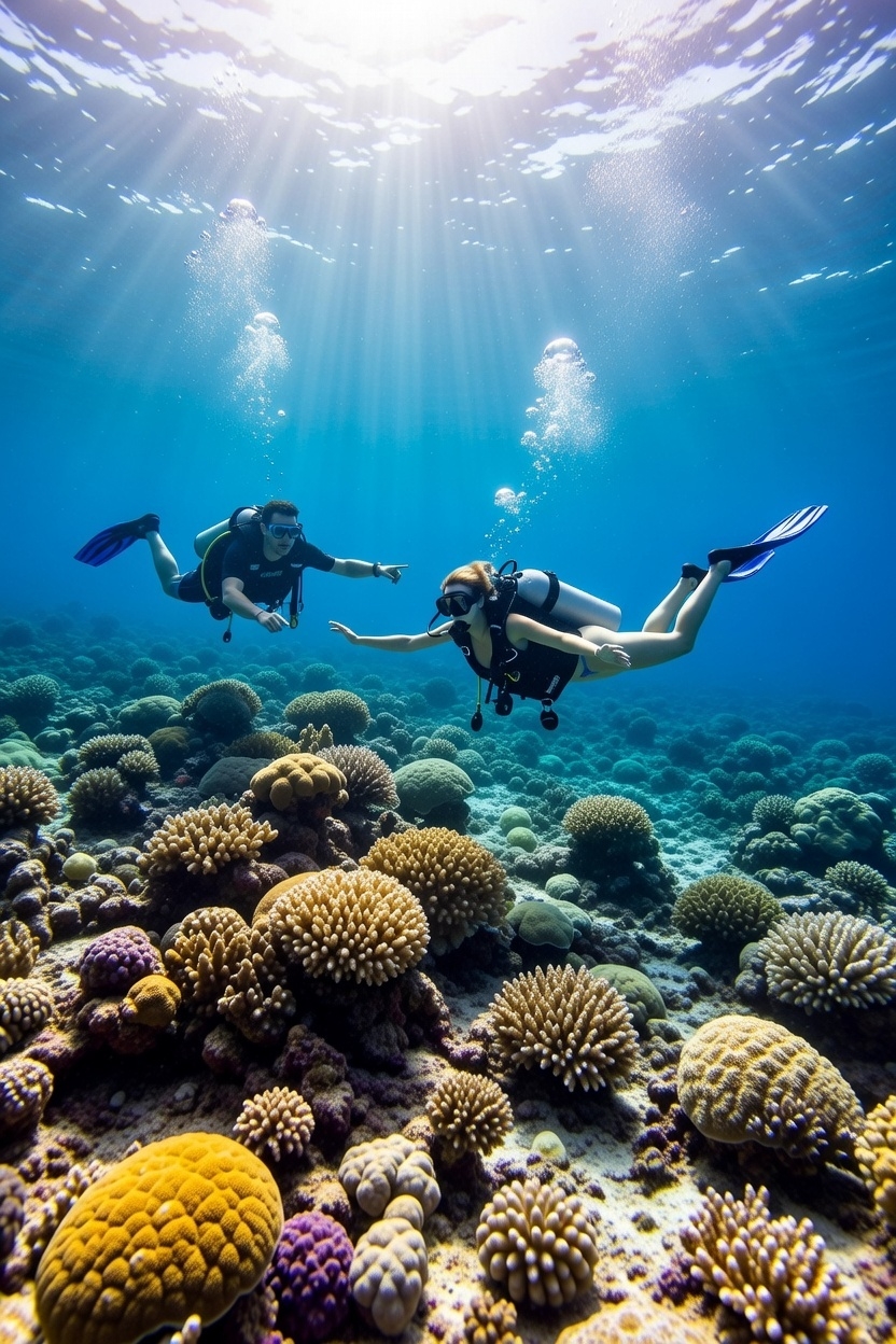 Scuba diver drift diving over a vibrant reef with a divemaster and coral heads, Cozumel, Mexico.