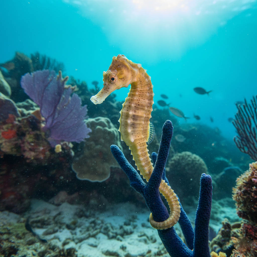 A close-up underwater photo of a light brown seahorse clinging to a vibrant blue coral branch with a reef and sunlit water in the background, encountered during a shore dive with Blue Mayan Divers.