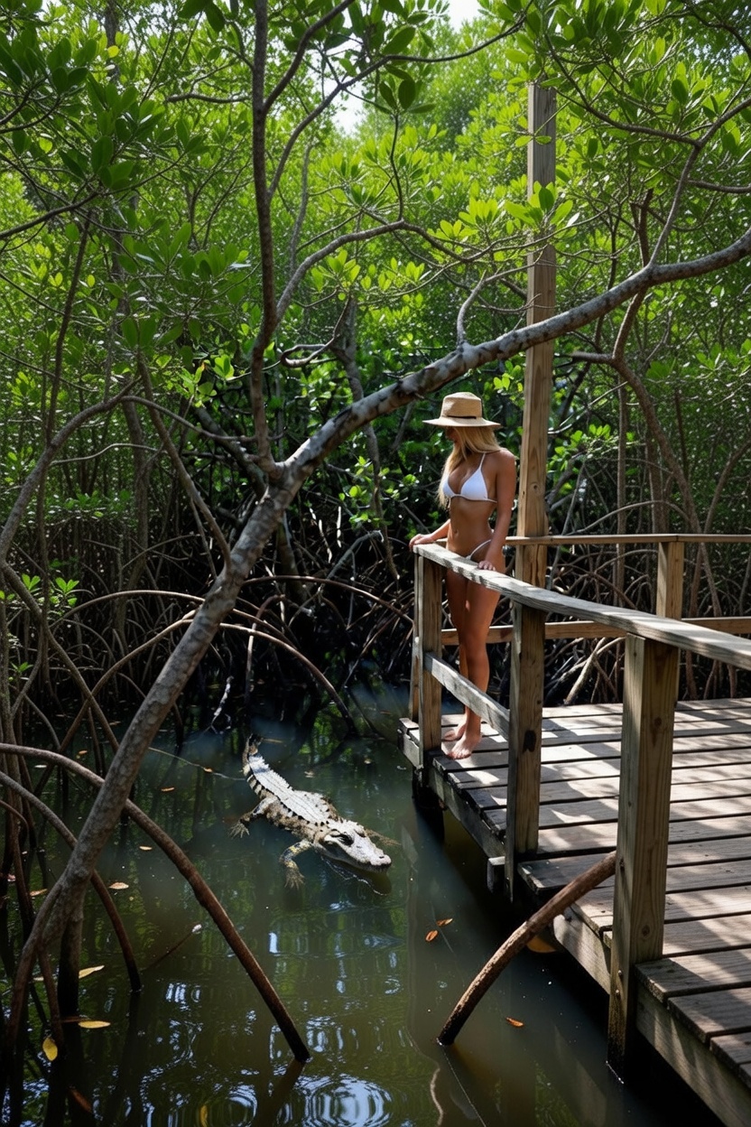 A tourist in a swimsuit standing on a wooden boardwalk and looking through binoculars at a large crocodile resting in the mangrove swamp at Punta Sur Eco Beach Park in Cozumel.